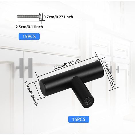 15PCS Poignée d'Armoire en T Seul TrouPoignée de Porte en Forme de T Poignées en T en Acier Inoxydable Poignées de Tiroir Poignées de Meuble Cuisine Poignées de Placard Noir (1/4)