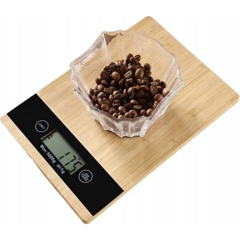 Balanza de cocina electrónica plana de bambú con pantalla LCD de 5 kg.