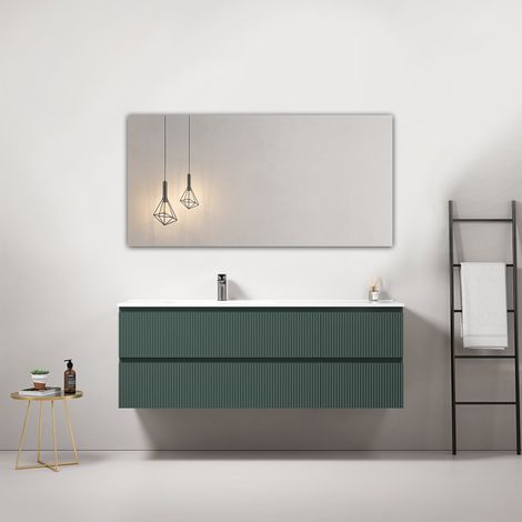Mobile bagno sospeso cannettato 140 cm Verde Comodoro Lavabo a Sinistra in Resina Specchio Quadro - Fiji Paint