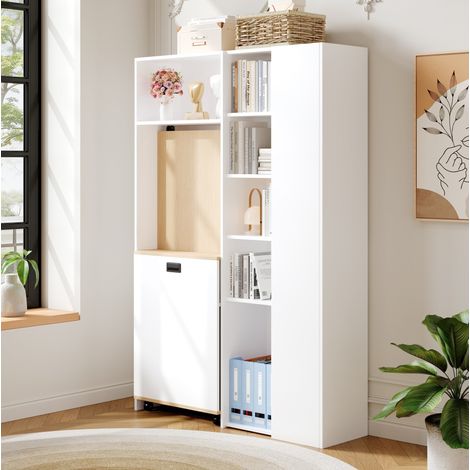 Escritorio plegable con estantería 104.5x30.5x160 cm, 2 en 1, con enchufe y USB, MDF blanco roble (1/5)