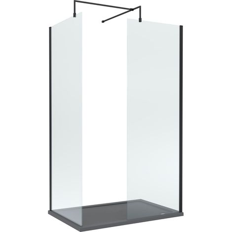8mm Glass Walk In Wetroom Screens with Matt Black Profile and Slate Grey Shower Tray - 1200 x 900mm