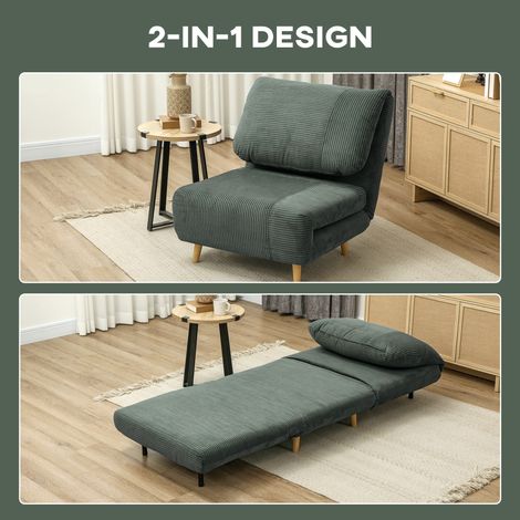 Fauteuil transformable 2 en 1 avec lit supplémentaire, dossier inclinable, revêtement en velours côtelé, 82 x 87 x 89 cm, vert (1/4)