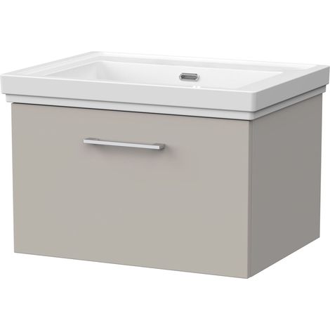 Pershall Contemporary Wall Hung 1 Drawer Vanity Unit with Traditional 0 Tap Hole Fireclay Basin, 600mm, Pebble Grey