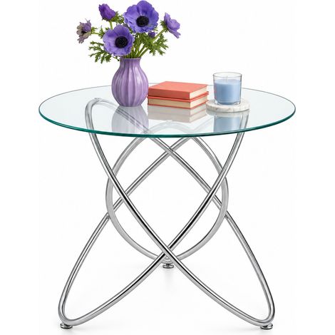 Table à Manger Ronde en Verre et Métal avec Plateau en Verre Trempé, Pieds Métal - 80×80×75 cm, Chrome (1/5)