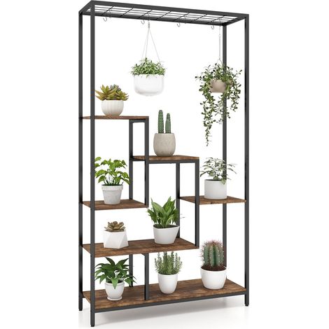 Costway – Support pour plantes en métal 6 niveaux – Étagère avec 10 crochets – Charge 10kg par niveau – Dimensions 100 x 30 x 180 cm – Dispositif anti-basculement