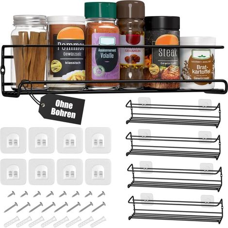 Set of 4 metal wall spice racks with adhesive or screw fastening, black