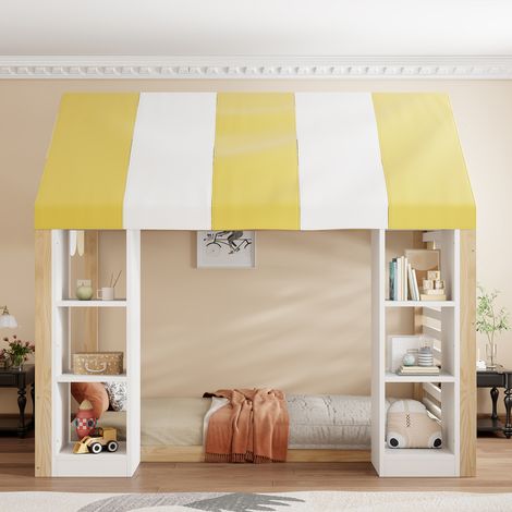 Lit baldaquin enfant 90x200cm style cottage avec rangement - bois massif - blanc et naturel (1/5)