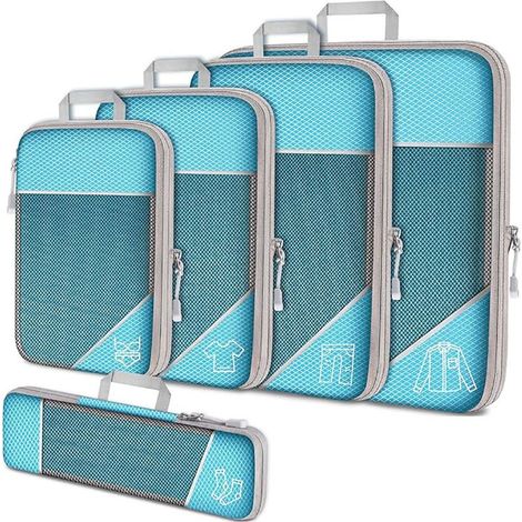 5 cubes d'emballage de compression, organisateurs de bagages extensibles en nylon durable pour le rangement de voyage et à domicile (1/5)