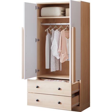 Armadio 70x40x170 cm con 2 Cassetti e Vano Spazioso, Montaggio Veloce, , Struttura Stabile in Legno, Bianco e Naturale, per Camera (1/5)