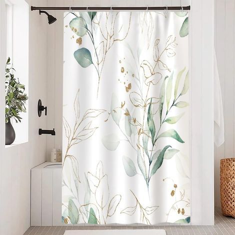 Rideau de douche vert, rideau de douche feuilles d'eucalyptus abstrait doré botanique rideaux de bain anti-moisissure imperméable tissu polyester rideaux de bain avec 12 crochets 120 x 180 cm (1/5)