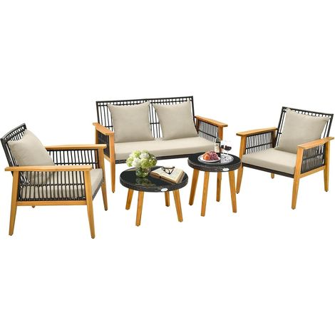 COSTWAY 5 Pezzi Set da Conversazione da Giardino, Set di Sedie in Rattan con 2 Tavolini da Caffè, con Cuscini e Telaio Stabile in Legno di Acacia, per Giardino Cortile e Piscina (1/5)