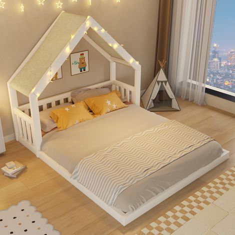 Lit cabane 140x200 cm - bois - structure fonctionnelle - design moderne - gain de place - pour chambre - mobilier fonctionnel - blanc (1/5)