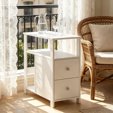 Table d'appoint blanche en bois avec prise, 60 x 60 x 30 cm, 2 tiroirs et étagères (1/5)