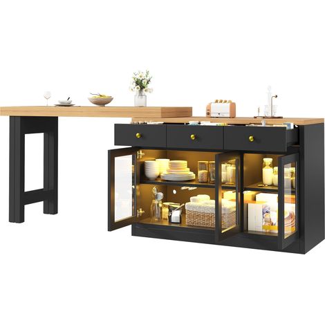 Îlot de Cuisine Extensible avec 3 Tiroirs, 3 Portes Vitrées et LED RGB avec Application, pour Cuisine, en MDF Noir (1/5)