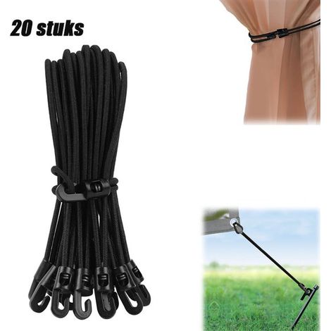 Lot de 20 tendeurs élastiques avec crochets de 26 cm - Accessoires de camping - Noir - Cordon élastique réglable pour bâche, tente et banderoles (noir) (1/5)