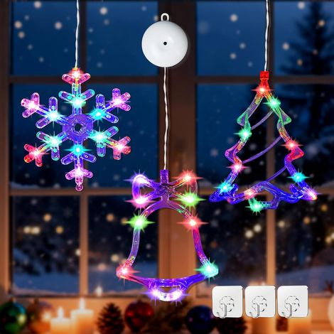 Décoration Fenêtre Noël, 3 pièces Arbre de Noël, flocon de neige, lumières suspendues à la fenêtre Jingle Bell avec ventouse, minuterie automatique et Piles (exclus) Décoration Noel Intérieur (1/5)