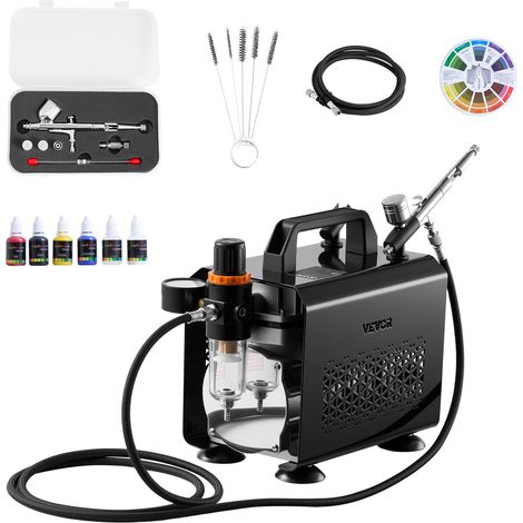 Kit Aérographe avec Compresseur d’Air 1/6 HP, Compresseur Aérographe avec 1 Pistolet à Double Action, 3 Buses, Tuyau, Peinture Acrylique et Pinceau, pour Décoration Pâtisserie Onglerie (1/5)