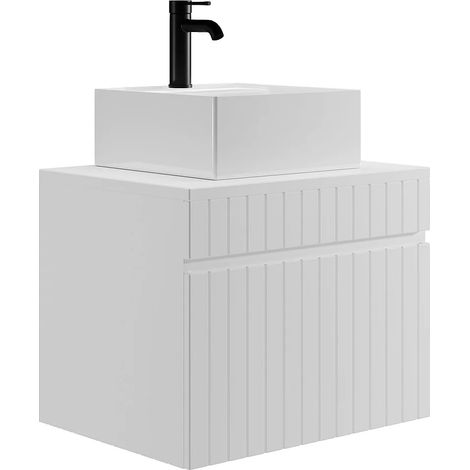Mobile per bagno sospeso con scanalature e lavabo quadrato da appoggio 60 cm Bianco - SATARA (1/5)