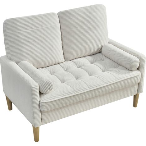 Canapé 2 places en velours côtelé beige, compact pour salon, chambre ou appartement, style scandinave avec coussins rembourrés et pieds en bois – CHICFURN (1/5)