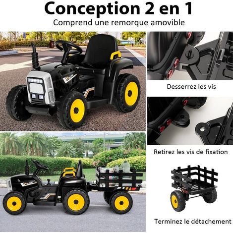 Design réaliste, tracteur électrique enfant 12 V avec remorque amovible, télécommande 2,4 G, intérieur extérieur (1/5)