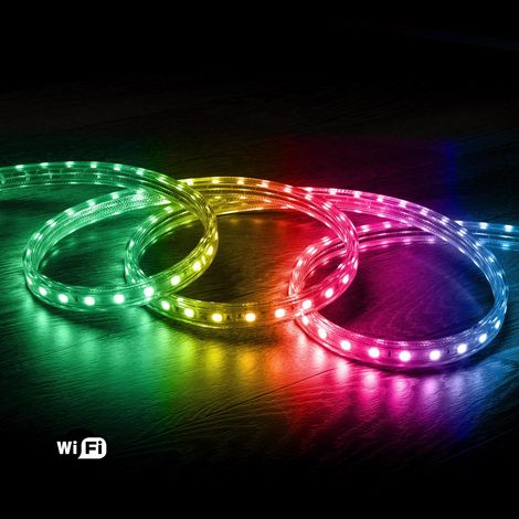 Tira LED RGB 220V SMD 60 LED/m 10W/m Ancho 16mm Corte 100cm IP65 Control WiFi 4 m
