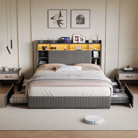 Lit adulte 160x200cm avec 4 tiroirs, lit double capitonné 160x200 avec éclairage LED réglable et ports USB, tête de lit avec rangement, lin, gris (1/5)