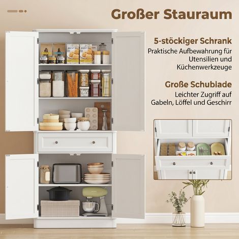 Küchenschrank mit 4 Türen, Schublade und verstellbaren Einlegeböden, 80 x 39,5 x 186,4 cm, weiß. (1/5)