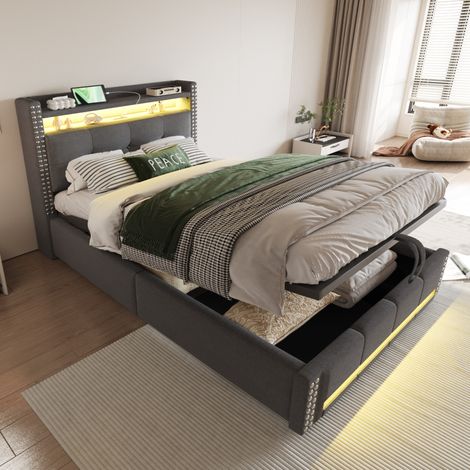 Letto singolo imbottito moderno grigio 90x200 cm con testiera contenitore, LED, USB e vano contenitore idraulico (1/5)