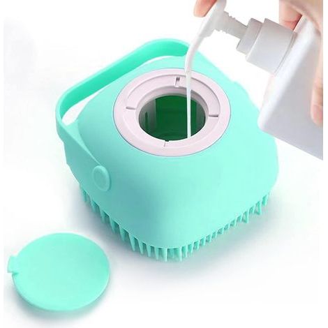 Pet massage and bath brush with soap and shampoo dispenser, soft silicone bristles for long and short-haired dogs, cat shower (blue) (1/5)