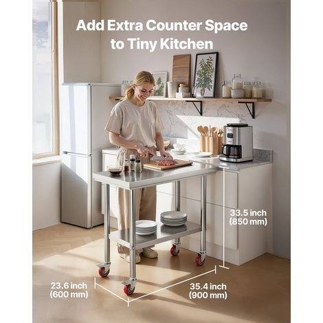 Table de travail en acier inoxydable 60 x 90 cm, table de préparation des aliments avec roulettes et étagère inférieure réglable, pour cuisine commerciale, restaurant, hôtel, garage, extérieur (1/5)