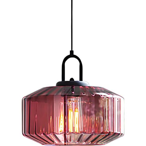 Suspension Verre Strié Dôme Ø28CM Style Industriel Vintage Hauteur E27 Luminaire Suspendu Pour Salle À Manger Chambre Salon Bar (Violet) (1/5)