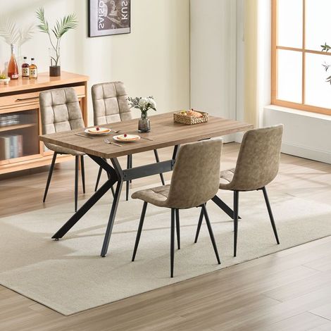 Ensemble table à manger - WAFTING - 140x80 cm - 4 chaises - Tissu technique brun - Structure métal, aspect bois (1/5)