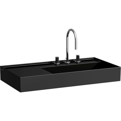 Lavabo KARTELL 900 x 460 mm, étagère à gauche sans trop-plein, 2 trous pour robinetterie en noir LAUFEN