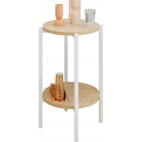 Mesita auxiliar redonda tipo loft con estante, 35x35x62 cm, metal blanco. (1/5)