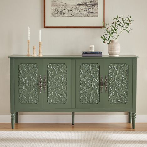 Buffet vintage 160x40x89 cm avec portes à relief sculpté 3D,angles arrondis,pieds tournés,poignées effet laiton,vert vintage