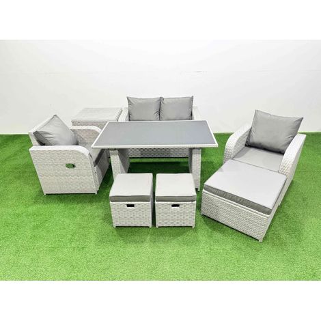Fimous Outdoor Rattan Garden Furniture Dining Set 7-seater Patio Rectangular Table Love Sofa Reclining Chair Set with Side Table 3 Stools (1/4)