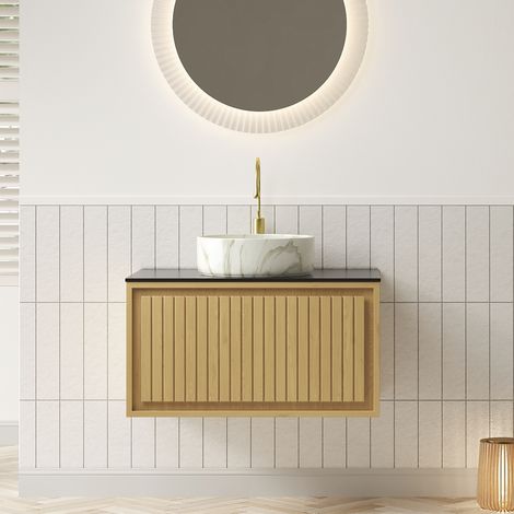 Vasque suspendue 61cm pour salle de bain, vasque céramique blanche ronde avec motif de pierre, plaque en grès noir, armoire en contreplaqué avec tiroir, panneau rayé, grain de chêne corolle