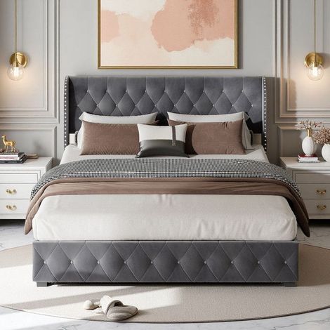 Letto contenitore - 140x200 - Velluto grigio antracite - Meccanismo idraulico - Testata imbottita