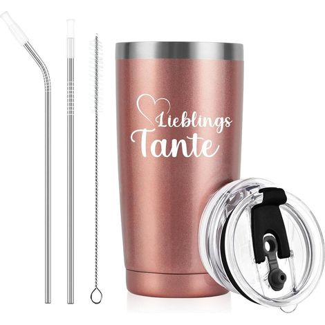 Edelstahl Thermobecher 600ml mit Deckel & Strohhalm - Geschenk für Tante (1/5)