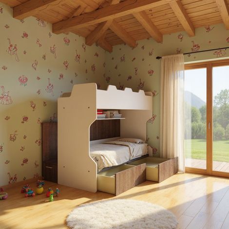 Letto a castello con scala contenitore e terzo letto estraibile - Cameretta salvaspazio - Bianco e Olmo
