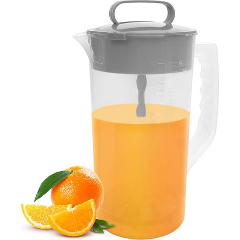 Jarra mezcladora de plástico de 2 litros (64 oz) con tapa, cuchillas angulares y pistón mezclador ajustable, ideal para zumos, leche y otras bebidas.