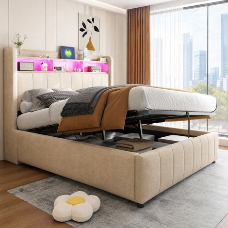 Letto 140x200 cm LED, contenitore idraulico, beige, struttura legno, senza materasso FloraGrace (1/5)