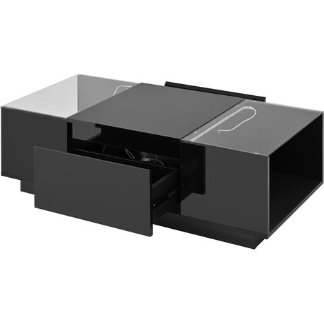 ELVMI Tavolino da caffè con 2 Cassetti, Vani aperti e LED, Piani in vetro, per soggiorno, 105 × 50 × 35 cm, Nero (1/4)