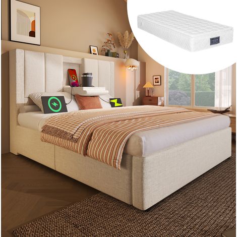 CHICFURN lit simple rembourré en lin beige avec rangement chargeur intégré et matelas 90 x 200 (1/5)