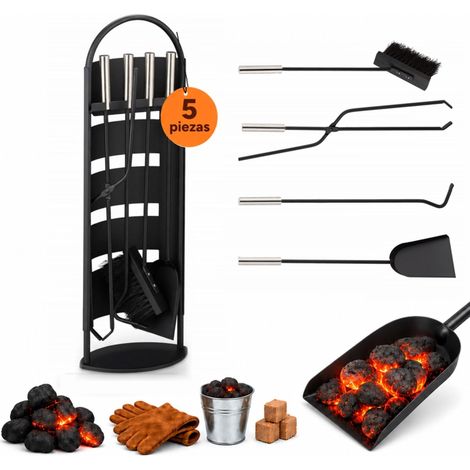 Relaxdays Accesorios Chimenea, 5 Piezas, Atizador, Escoba, Pala, Pinzas y Soporte, Set de Hierro Estufa, Negro/Plateado (1/5)