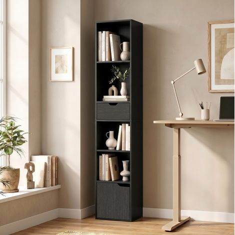 Bücherregal mit 6 Fächern, Schublade und verstellbarem Regal 30 x 24 x 158 cm, schwarz HAVRYA (1/5)