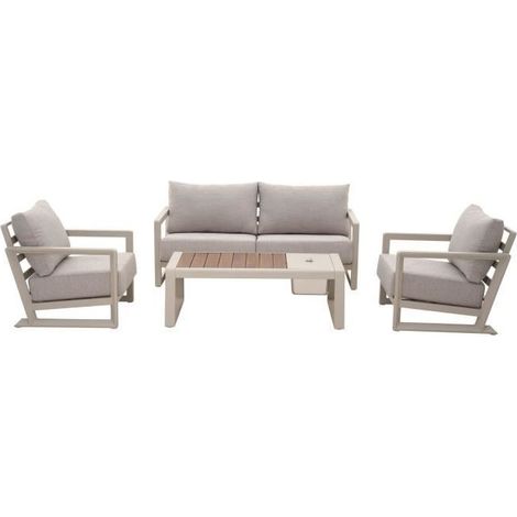 Salon bas de jardin - Proloisirs - Perth - Creme / chene - Set 4 pieces ( Canapé + fauteuils + table) - Aluminium époxy - Coussins (1/4)