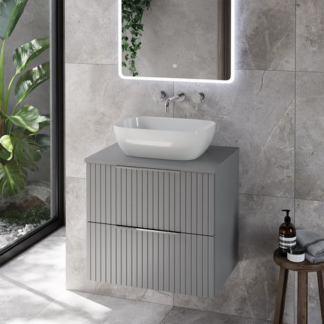 Helix 460 Fluted Pebble Grey 600mm Wall Mounted 2 Drawer Vanity Unit for Countertop Basins