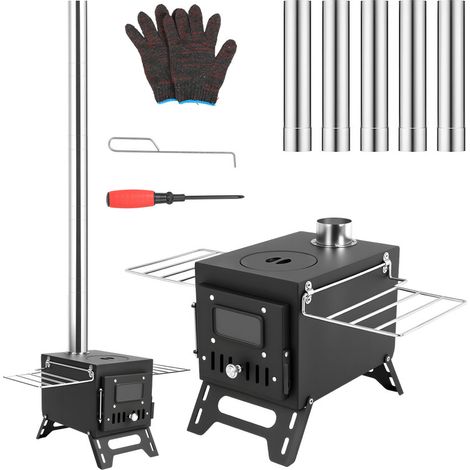 Poêle à bois extérieur - Réchaud de camping multifonctionnel - 54x30x141cm – Acier peint – 5 tuyaux Ø 6 cm - Aérations réglables - Fenêtre d'observation (10 x 6 cm) - Noir (1/3)