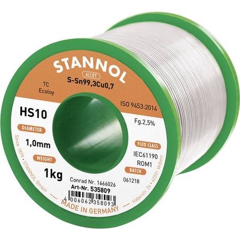 Stannol HS10 2,5% 1,0MM SN99,3CU0,7 CD 1000G Stagno senza piombo senza piombo, Bobina Sn99,3Cu0,7 ROM1 1000 g 1 mm